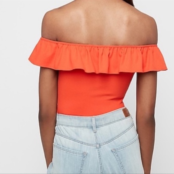 Express red orange ruffle off the shoulder ribbed bodysuit XL - Picture 2 of 8